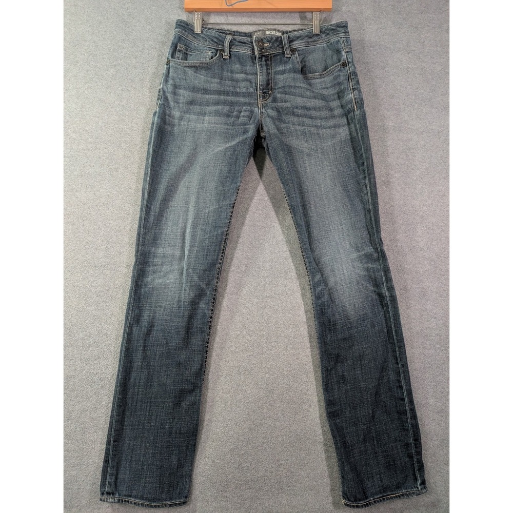BKE Alec Jeans Mens 32R Straight Leg Blue Denim Buckle Distressed Stretch